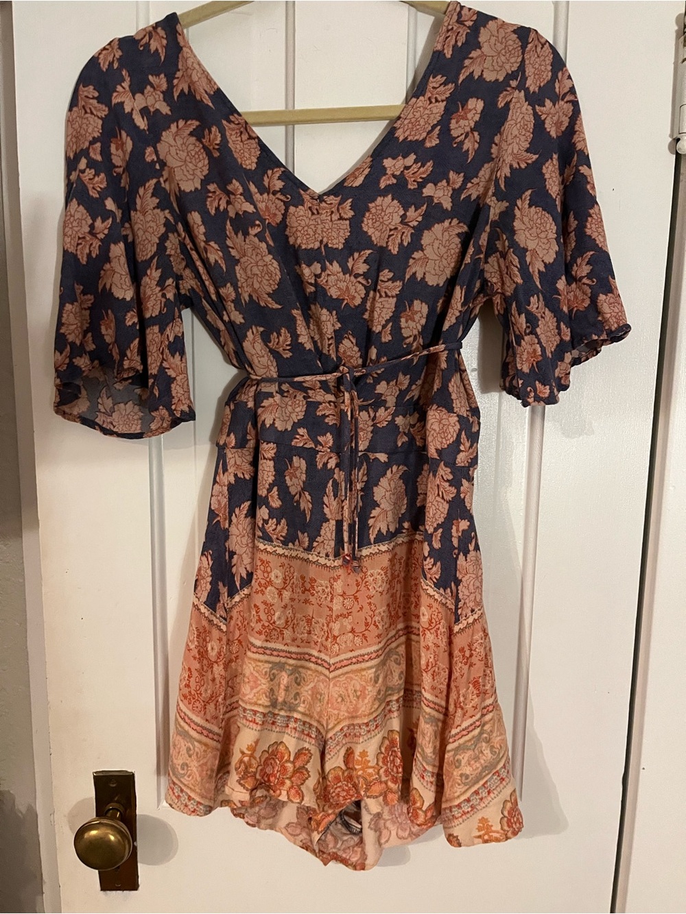 Adorable boho burnt orange peach navy and cream romper. Light and airy!